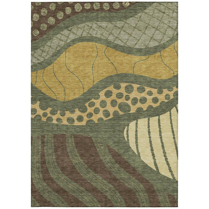 8' X 10' Olive Green And Blue Abstract Washable Indoor Outdoor Area Rug