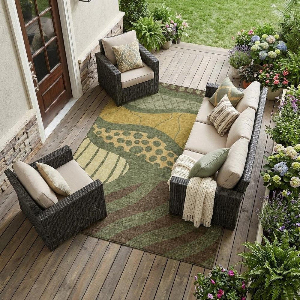 10' X 14' Olive Green And Blue Abstract Washable Indoor Outdoor Area Rug — view 16