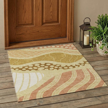 3' X 5' Wheat And Graphite Abstract Washable Indoor Outdoor Area Rug