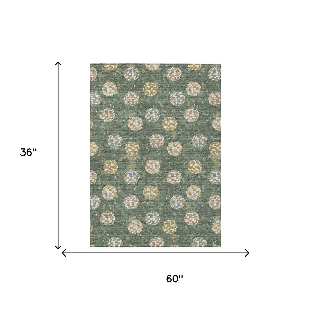 3' X 5' Green And Pearl Geometric Washable Indoor Outdoor Area Rug HomeRoots
