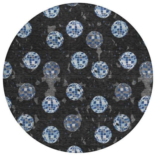 8' Black And Red Round Geometric Washable Indoor Outdoor Area Rug