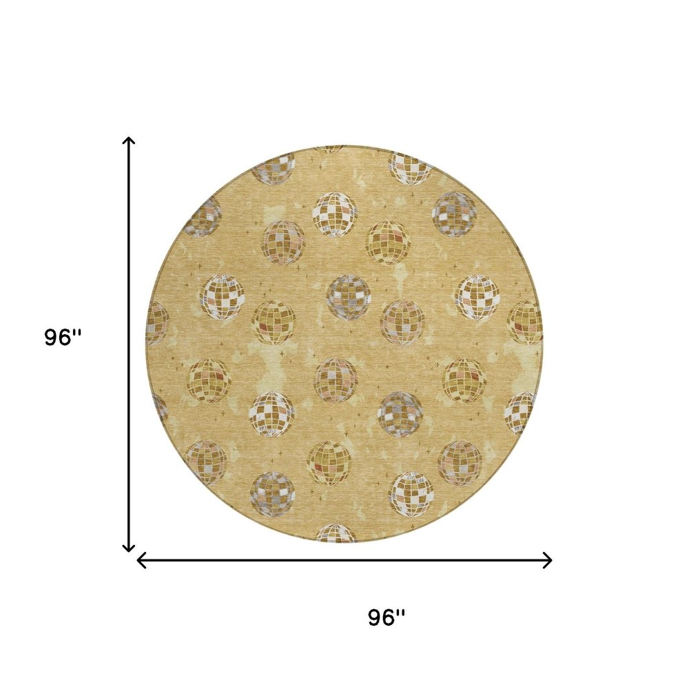 8' Gold And Blue Round Geometric Washable Indoor Outdoor Area Rug HomeRoots