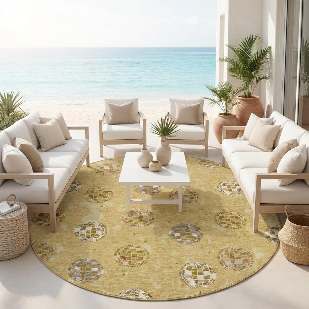 8' Gold And Blue Round Geometric Washable Indoor Outdoor Area Rug HomeRoots