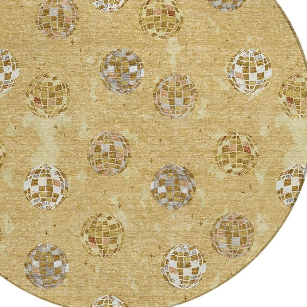 8' Gold And Blue Round Geometric Washable Indoor Outdoor Area Rug HomeRoots