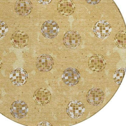 8' Gold And Blue Round Geometric Washable Indoor Outdoor Area Rug HomeRoots