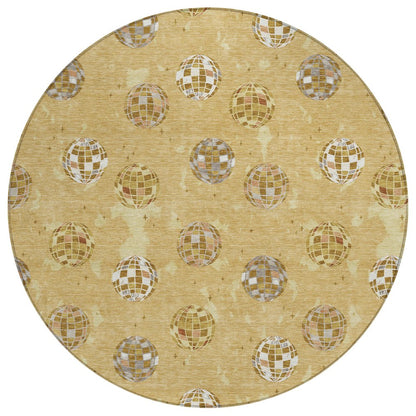 8' Gold And Blue Round Geometric Washable Indoor Outdoor Area Rug HomeRoots
