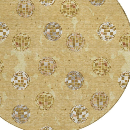 8' Gold And Blue Round Geometric Washable Indoor Outdoor Area Rug HomeRoots