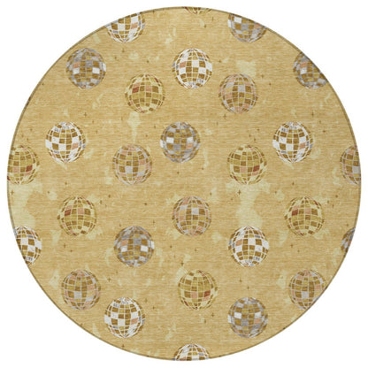 8' Gold And Blue Round Geometric Washable Indoor Outdoor Area Rug HomeRoots