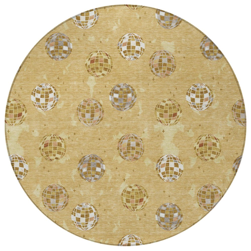 8' Gold And Blue Round Geometric Washable Indoor Outdoor Area Rug HomeRoots