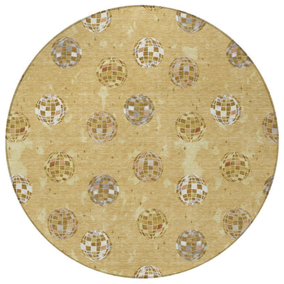 8' Gold And Blue Round Geometric Washable Indoor Outdoor Area Rug HomeRoots