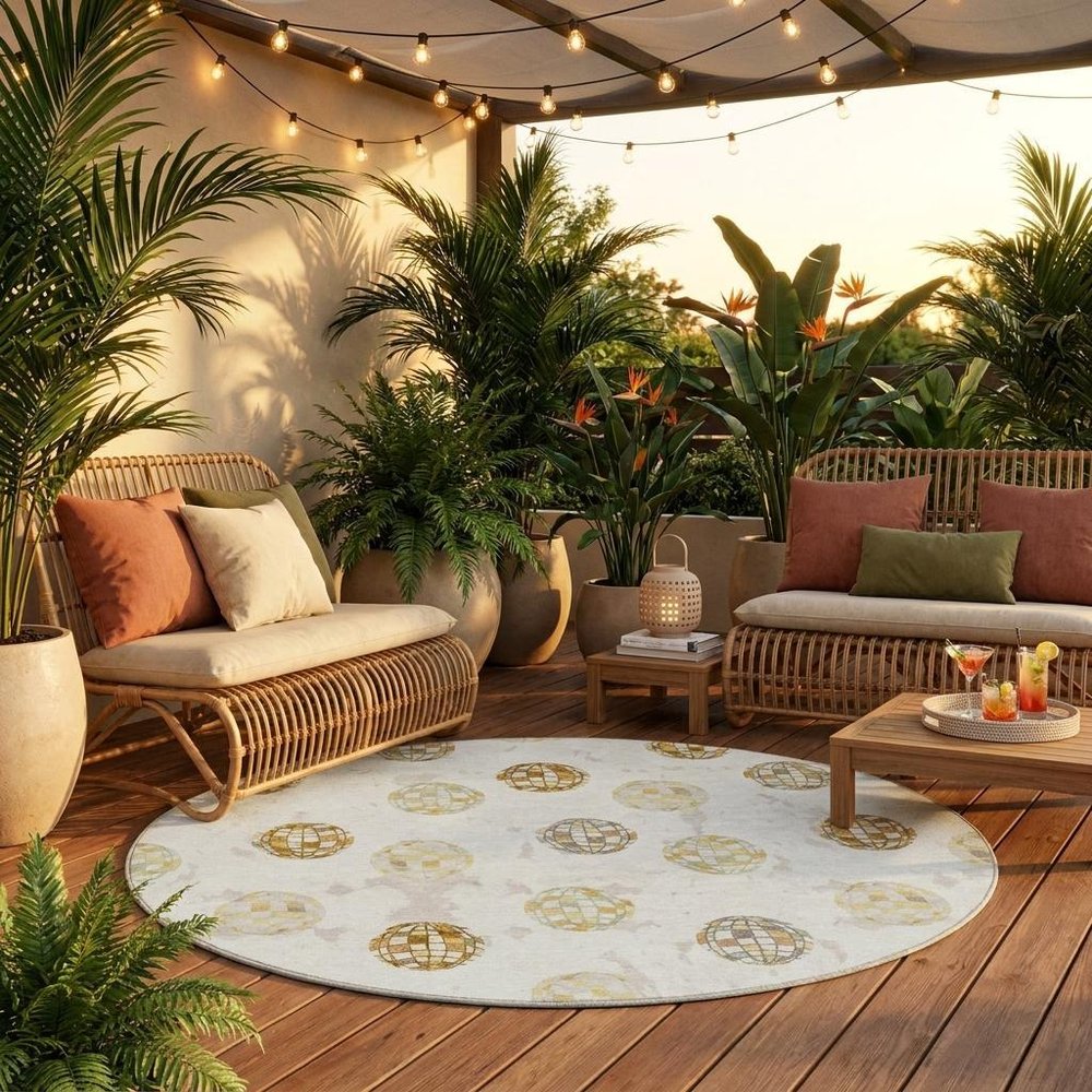8' Ivory And Copper Round Geometric Washable Indoor Outdoor Area Rug HomeRoots