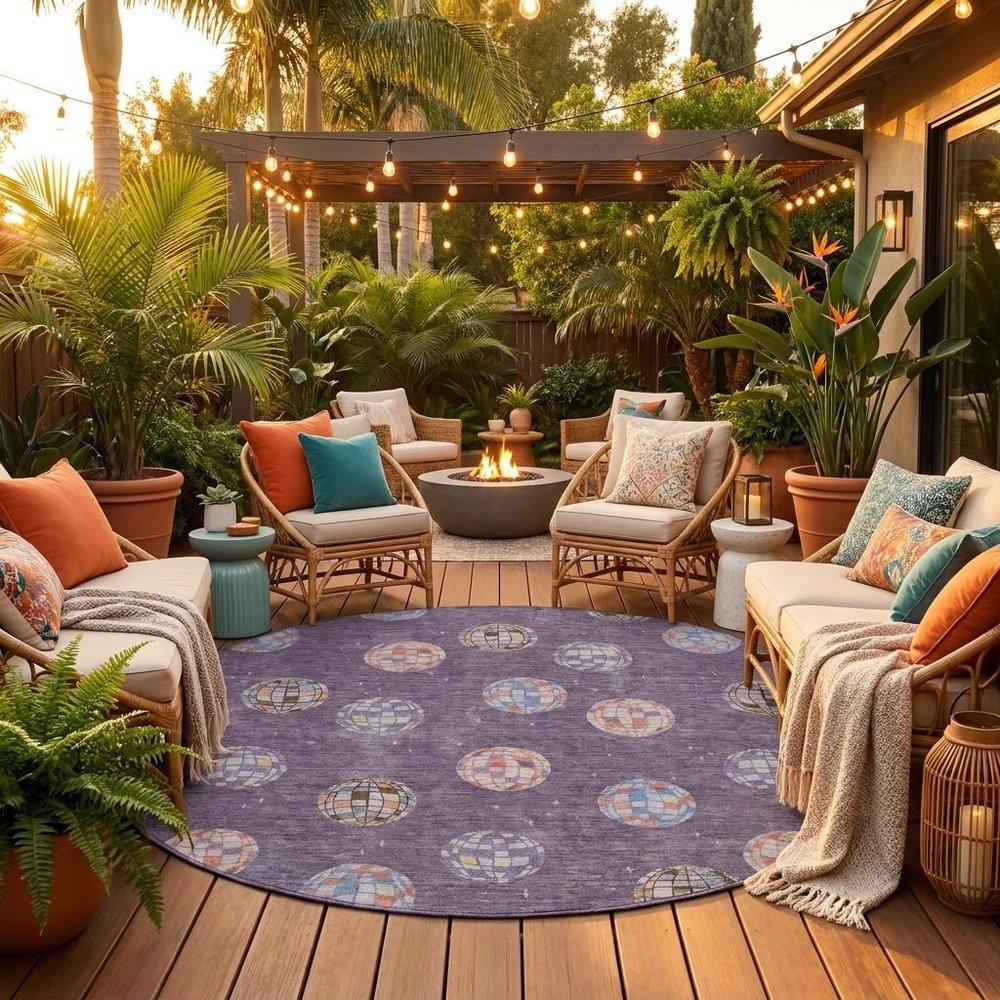 8' Plum And Purple Round Geometric Washable Indoor Outdoor Area Rug HomeRoots