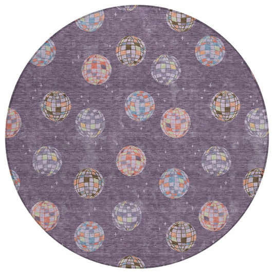 8' Plum And Purple Round Geometric Washable Indoor Outdoor Area Rug