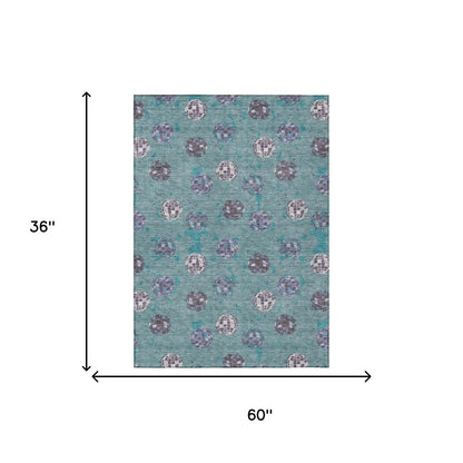 3' X 5' Teal Blue And Gray Geometric Washable Indoor Outdoor Area Rug HomeRoots