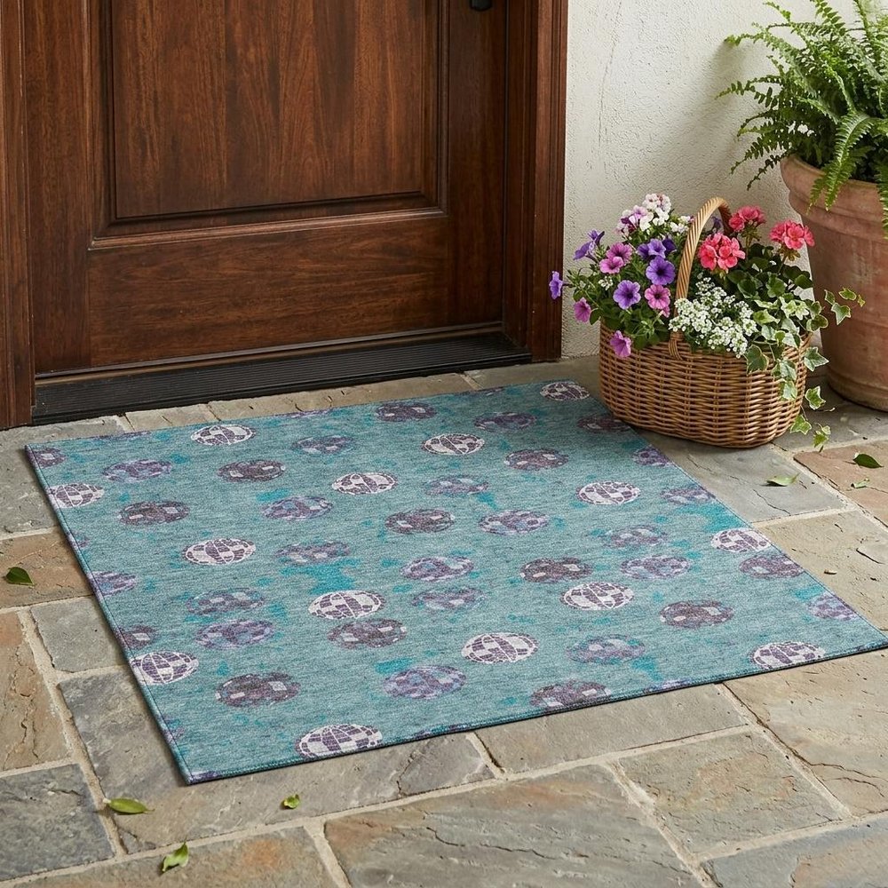 3' X 5' Teal Blue And Gray Geometric Washable Indoor Outdoor Area Rug HomeRoots