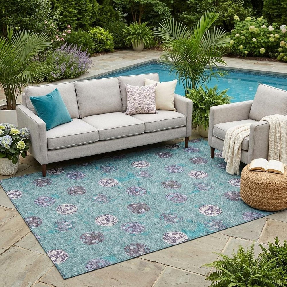 5' X 8' Teal Blue And Gray Geometric Washable Indoor Outdoor Area Rug HomeRoots