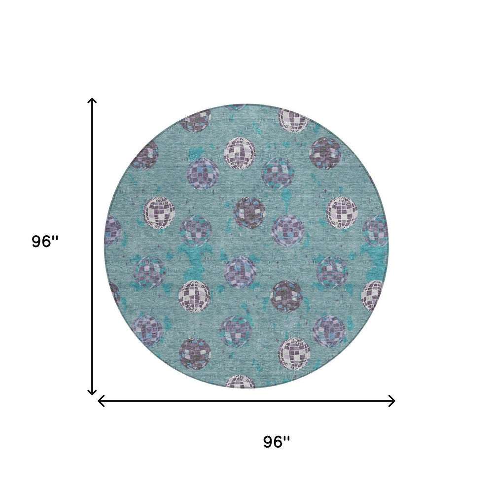 8' Teal Blue And Gray Round Geometric Washable Indoor Outdoor Area Rug HomeRoots