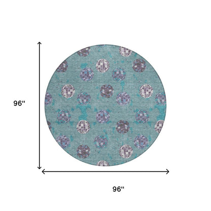 8' Teal Blue And Gray Round Geometric Washable Indoor Outdoor Area Rug HomeRoots