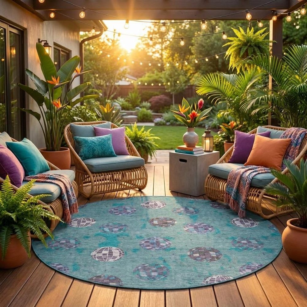 8' Teal Blue And Gray Round Geometric Washable Indoor Outdoor Area Rug HomeRoots