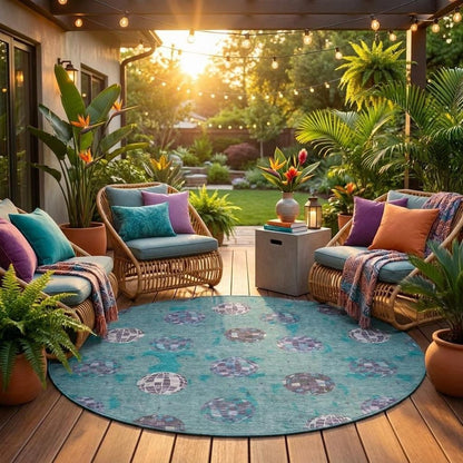 8' Teal Blue And Gray Round Geometric Washable Indoor Outdoor Area Rug HomeRoots