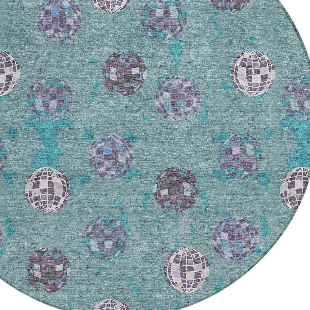 8' Teal Blue And Gray Round Geometric Washable Indoor Outdoor Area Rug HomeRoots