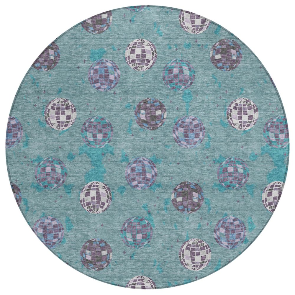 8' Teal Blue And Gray Round Geometric Washable Indoor Outdoor Area Rug HomeRoots