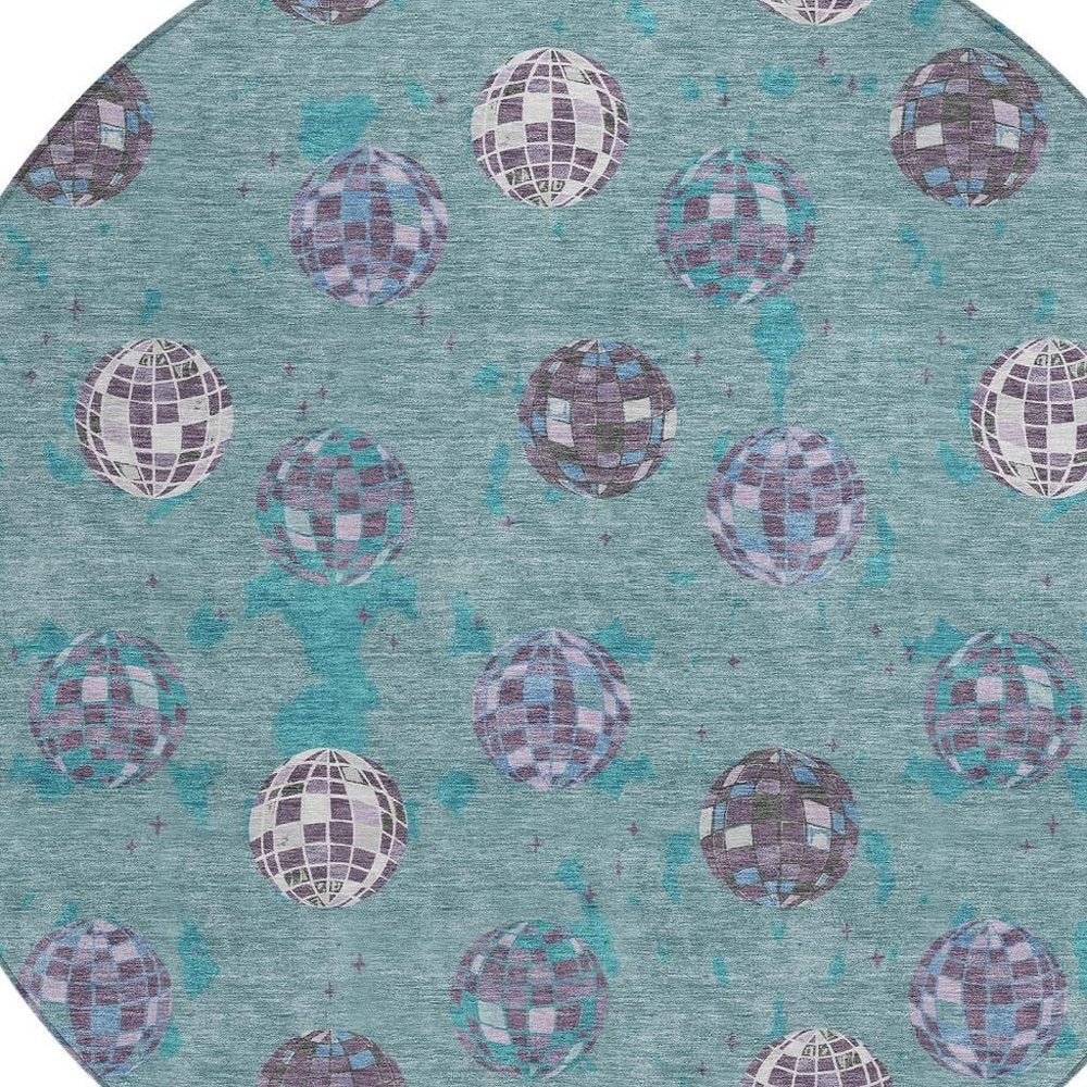 8' Teal Blue And Gray Round Geometric Washable Indoor Outdoor Area Rug HomeRoots
