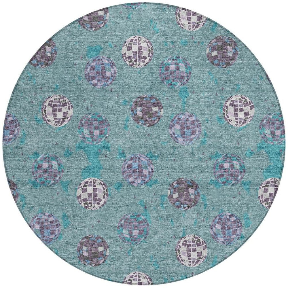 8' Teal Blue And Gray Round Geometric Washable Indoor Outdoor Area Rug HomeRoots