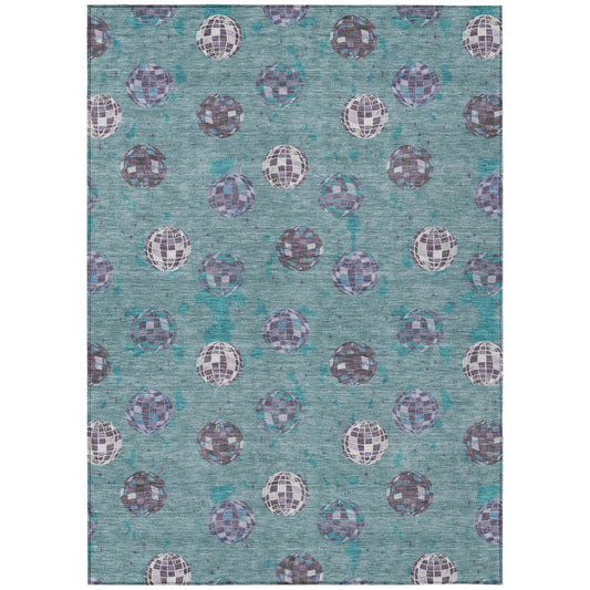 9' X 12' Teal Blue And Gray Geometric Washable Indoor Outdoor Area Rug