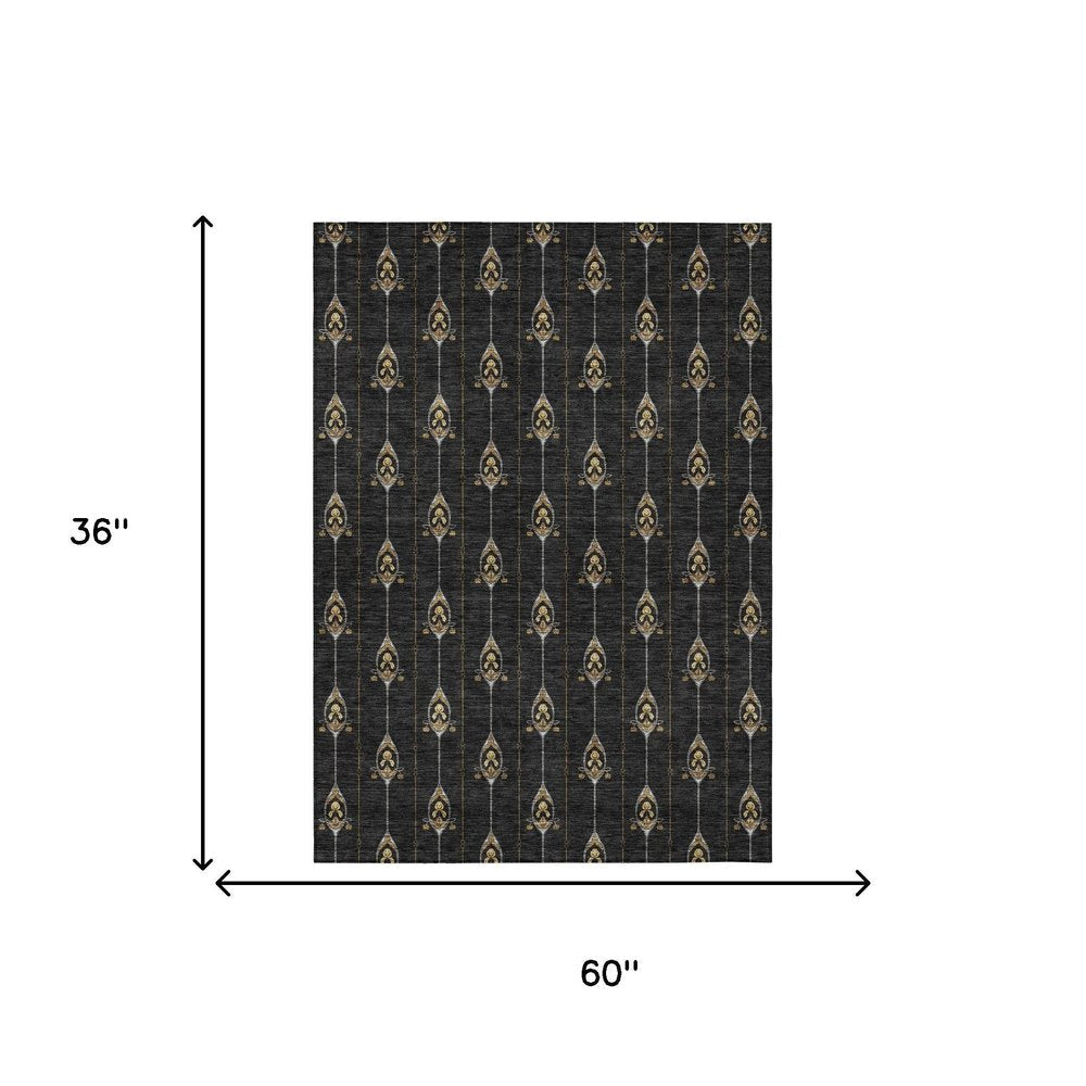 3' X 5' Black And Denim Blue Geometric Washable Indoor Outdoor Area Rug HomeRoots