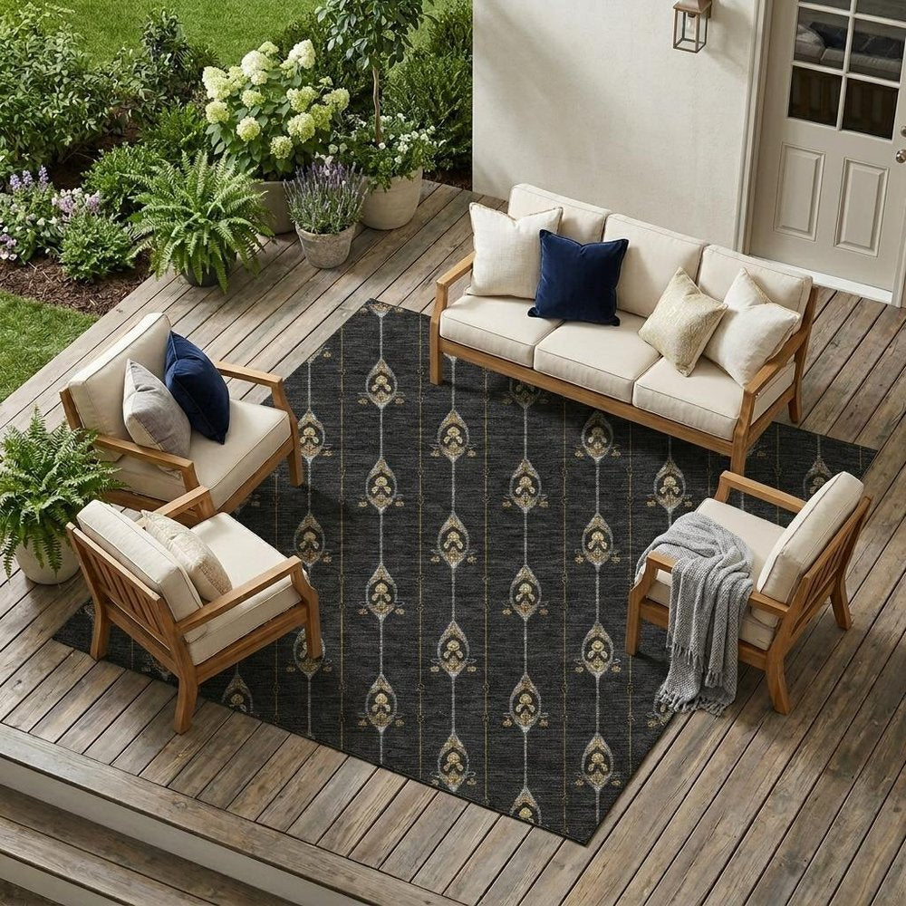 9' X 12' Black And Denim Blue Geometric Washable Indoor Outdoor Area Rug HomeRoots