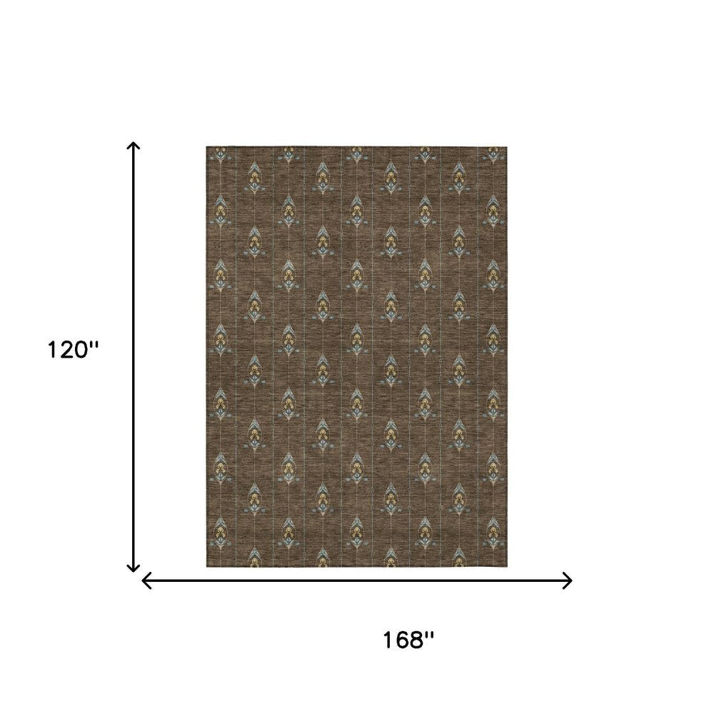 10' X 14' Chocolate And Gold Geometric Washable Indoor Outdoor Area Rug HomeRoots