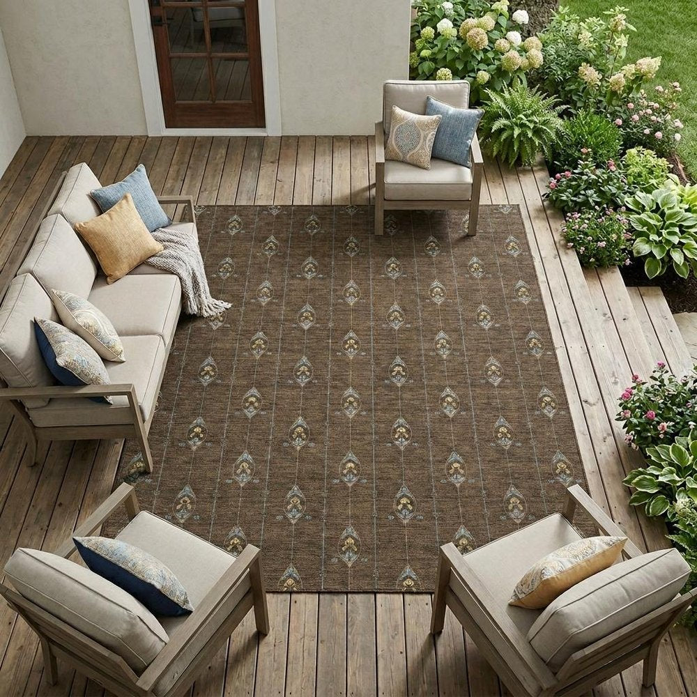 10' X 14' Chocolate And Gold Geometric Washable Indoor Outdoor Area Rug HomeRoots