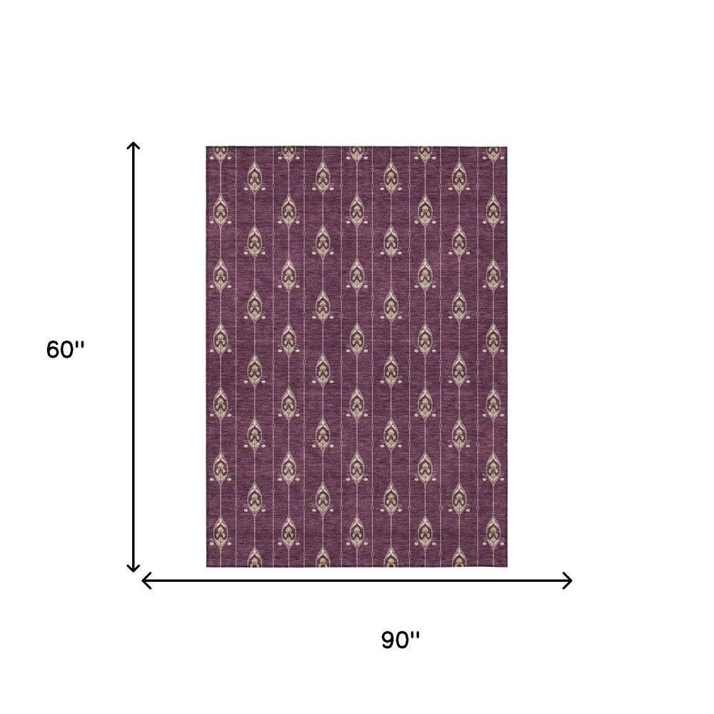 5' X 8' Eggplant And Graphite Geometric Washable Indoor Outdoor Area Rug HomeRoots