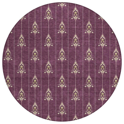 8' Eggplant And Graphite Round Geometric Washable Indoor Outdoor Area Rug