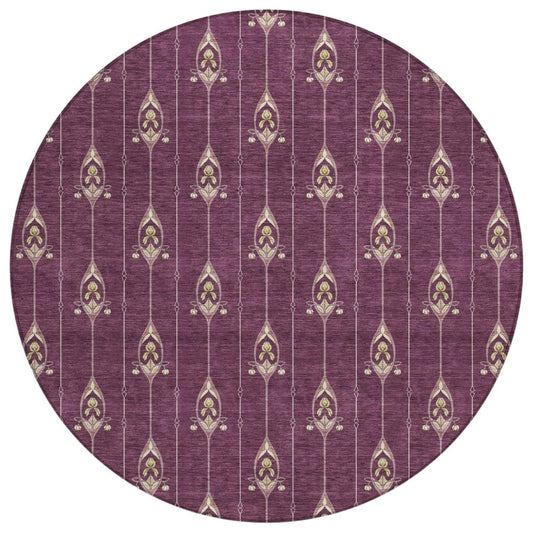8' Eggplant And Graphite Round Geometric Washable Indoor Outdoor Area Rug