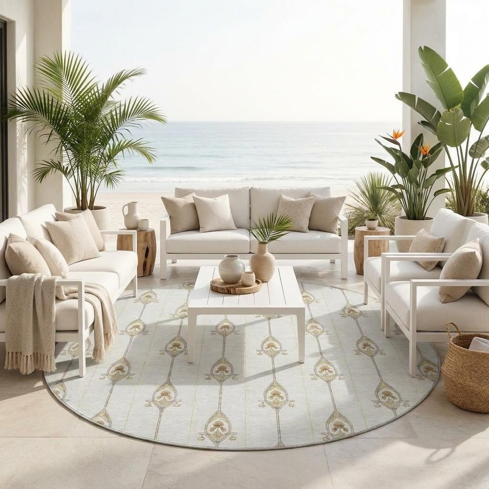 8' Ivory And Brown Round Geometric Washable Indoor Outdoor Area Rug HomeRoots