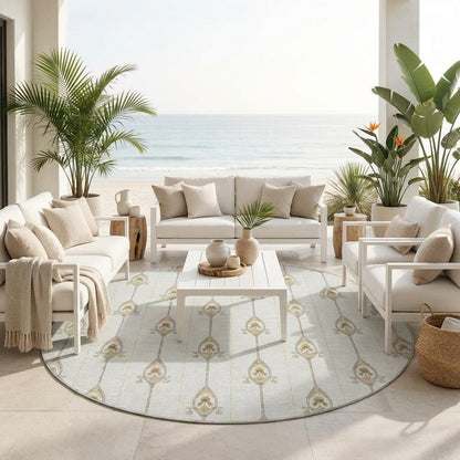 8' Ivory And Brown Round Geometric Washable Indoor Outdoor Area Rug HomeRoots