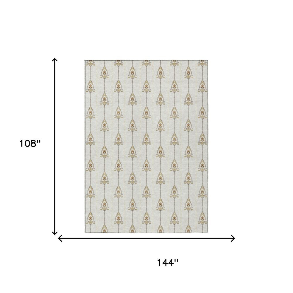 9' X 12' Ivory And Brown Geometric Washable Indoor Outdoor Area Rug