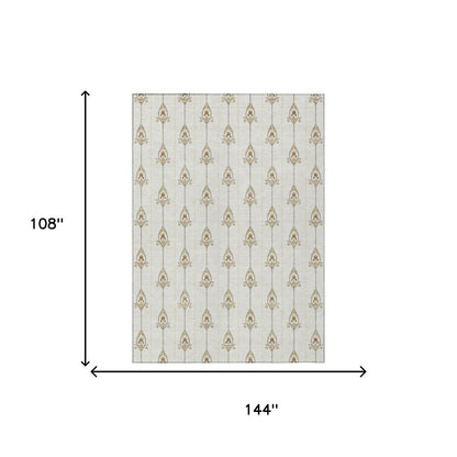 9' X 12' Ivory And Brown Geometric Washable Indoor Outdoor Area Rug
