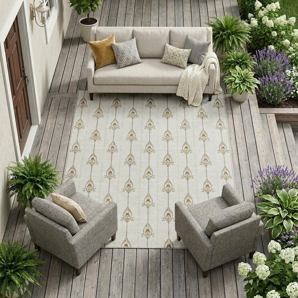 9' X 12' Ivory And Brown Geometric Washable Indoor Outdoor Area Rug