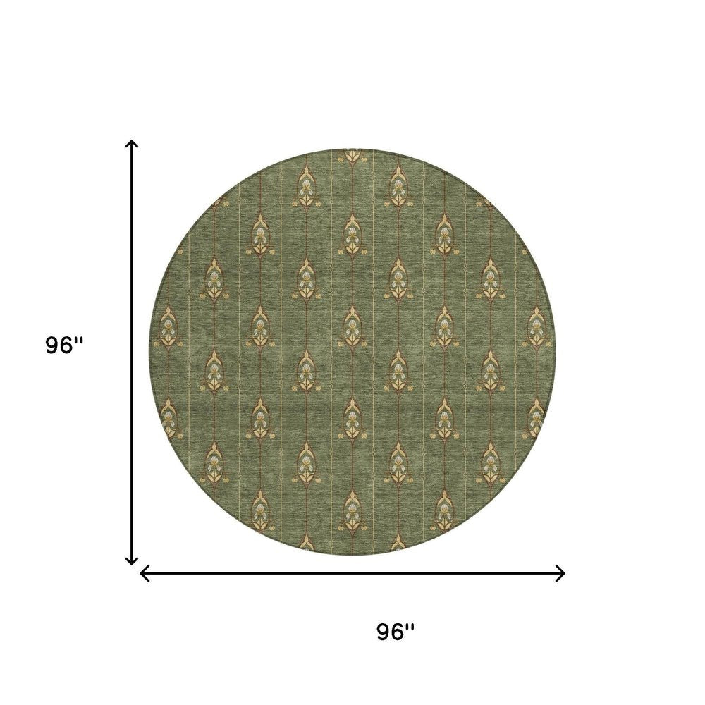 8' Olive Green And Brown Round Geometric Washable Indoor Outdoor Area Rug HomeRoots