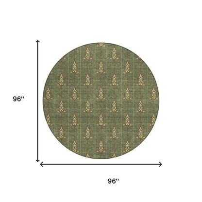 8' Olive Green And Brown Round Geometric Washable Indoor Outdoor Area Rug HomeRoots