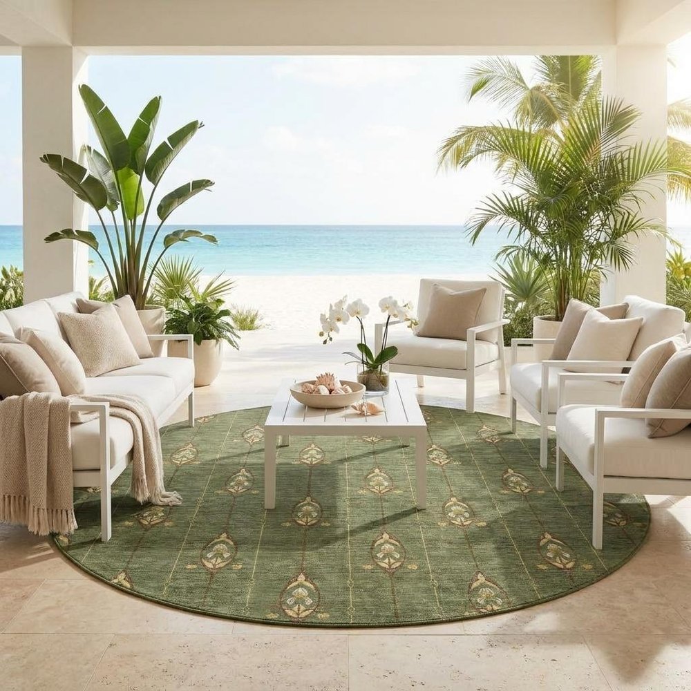 8' Olive Green And Brown Round Geometric Washable Indoor Outdoor Area Rug HomeRoots