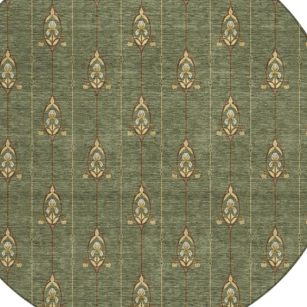 8' Olive Green And Brown Round Geometric Washable Indoor Outdoor Area Rug HomeRoots