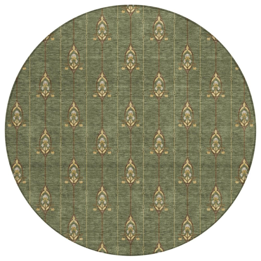 8' Olive Green And Brown Round Geometric Washable Indoor Outdoor Area Rug HomeRoots