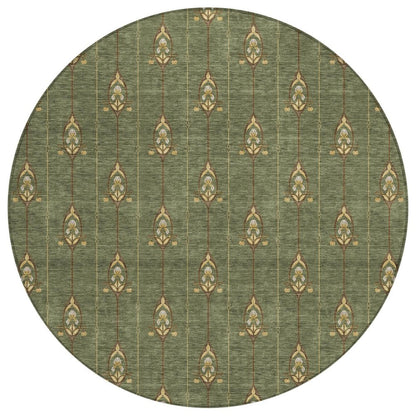 8' Olive Green And Brown Round Geometric Washable Indoor Outdoor Area Rug HomeRoots