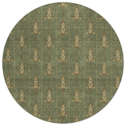 8' Olive Green And Brown Round Geometric Washable Indoor Outdoor Area Rug HomeRoots