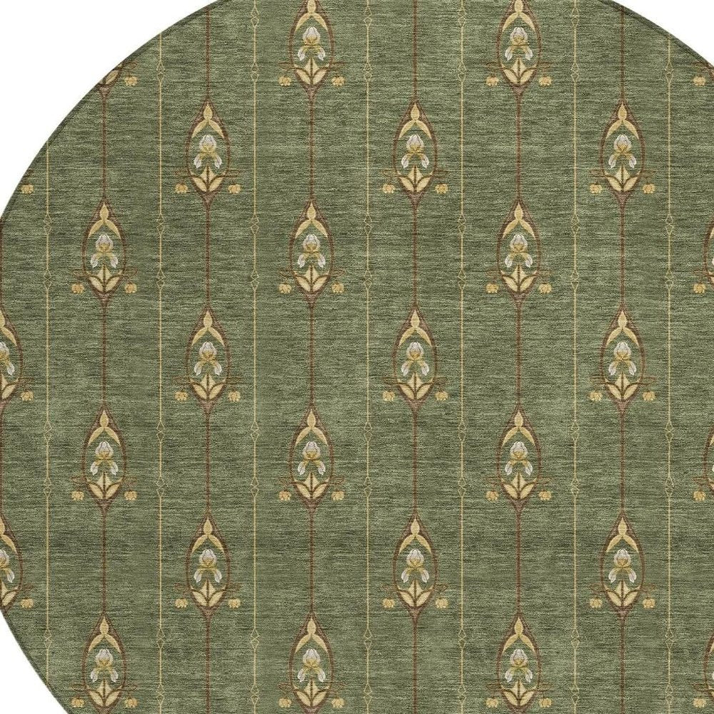 8' Olive Green And Brown Round Geometric Washable Indoor Outdoor Area Rug HomeRoots