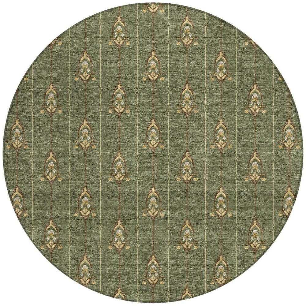 8' Olive Green And Brown Round Geometric Washable Indoor Outdoor Area Rug HomeRoots